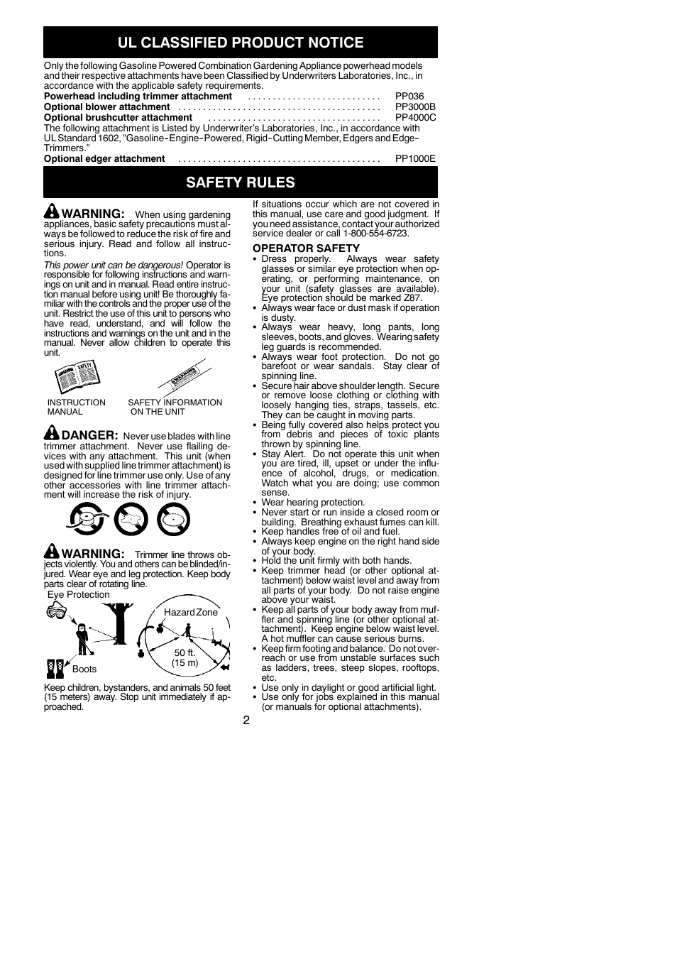 Ul classified product notice, Safety rules, Warning | Danger | Poulan PP036 User Manual | Page 2 / 16