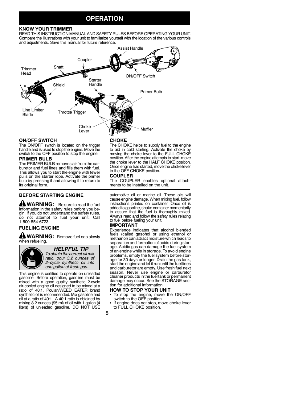 Operation, Warning, Helpful tip | Poulan PP036 User Manual | Page 8 / 16