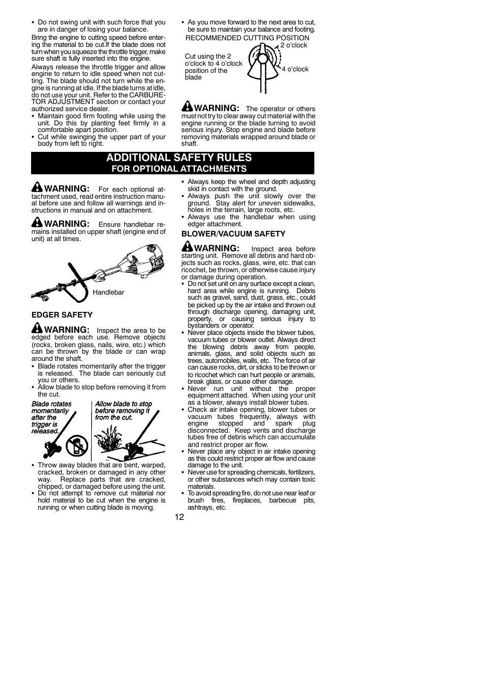 Additional safety rules, Warning, For optional attachments warning | Poulan Pro PPB300E User Manual | Page 12 / 19