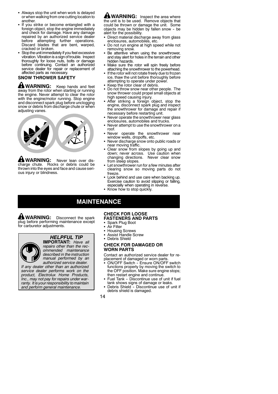 Maintenance, Warning, Helpful tip | Poulan Pro PPB300E User Manual | Page 14 / 19