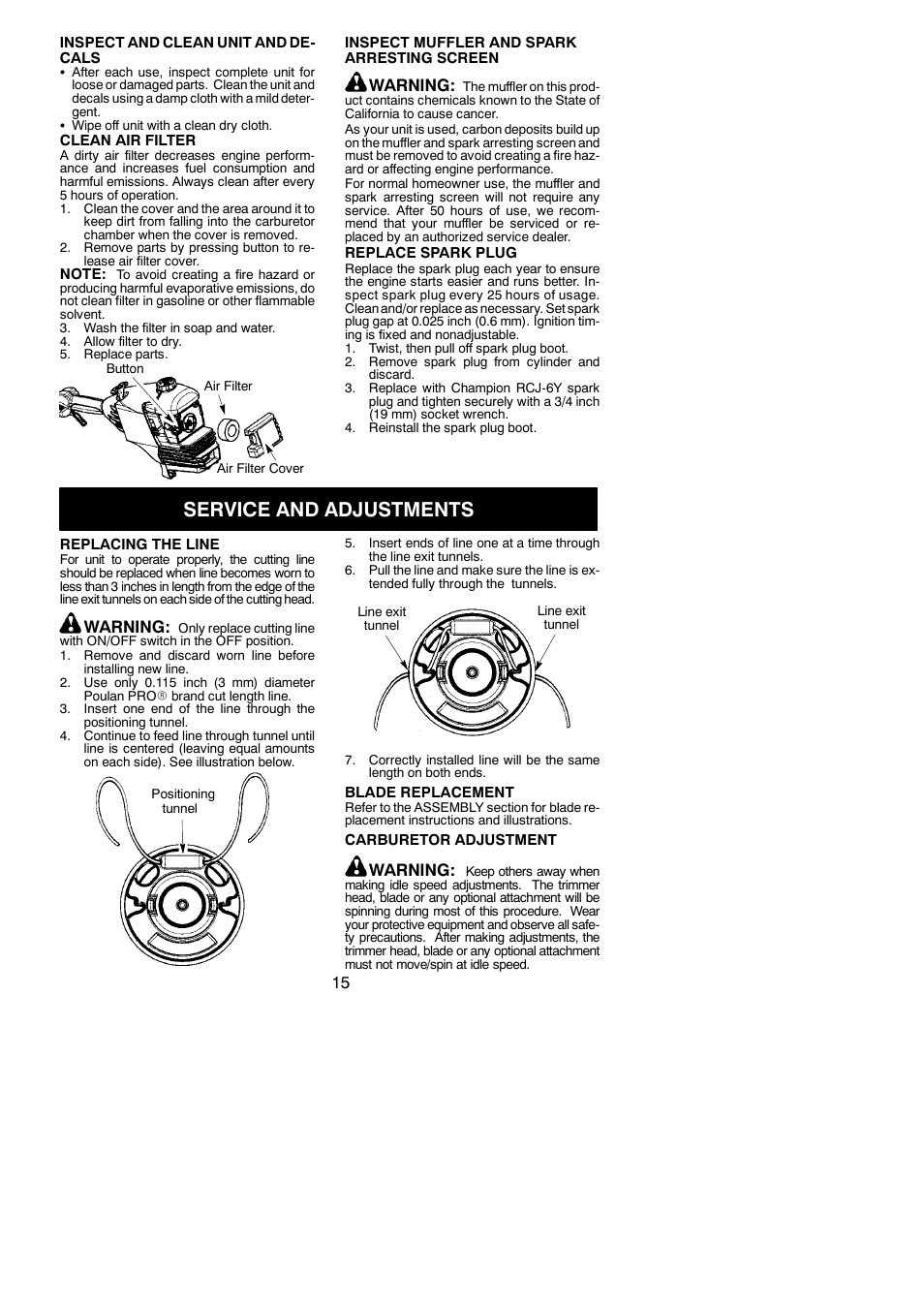 Service and adjustments, Warning | Poulan Pro PPB300E User Manual | Page 15 / 19