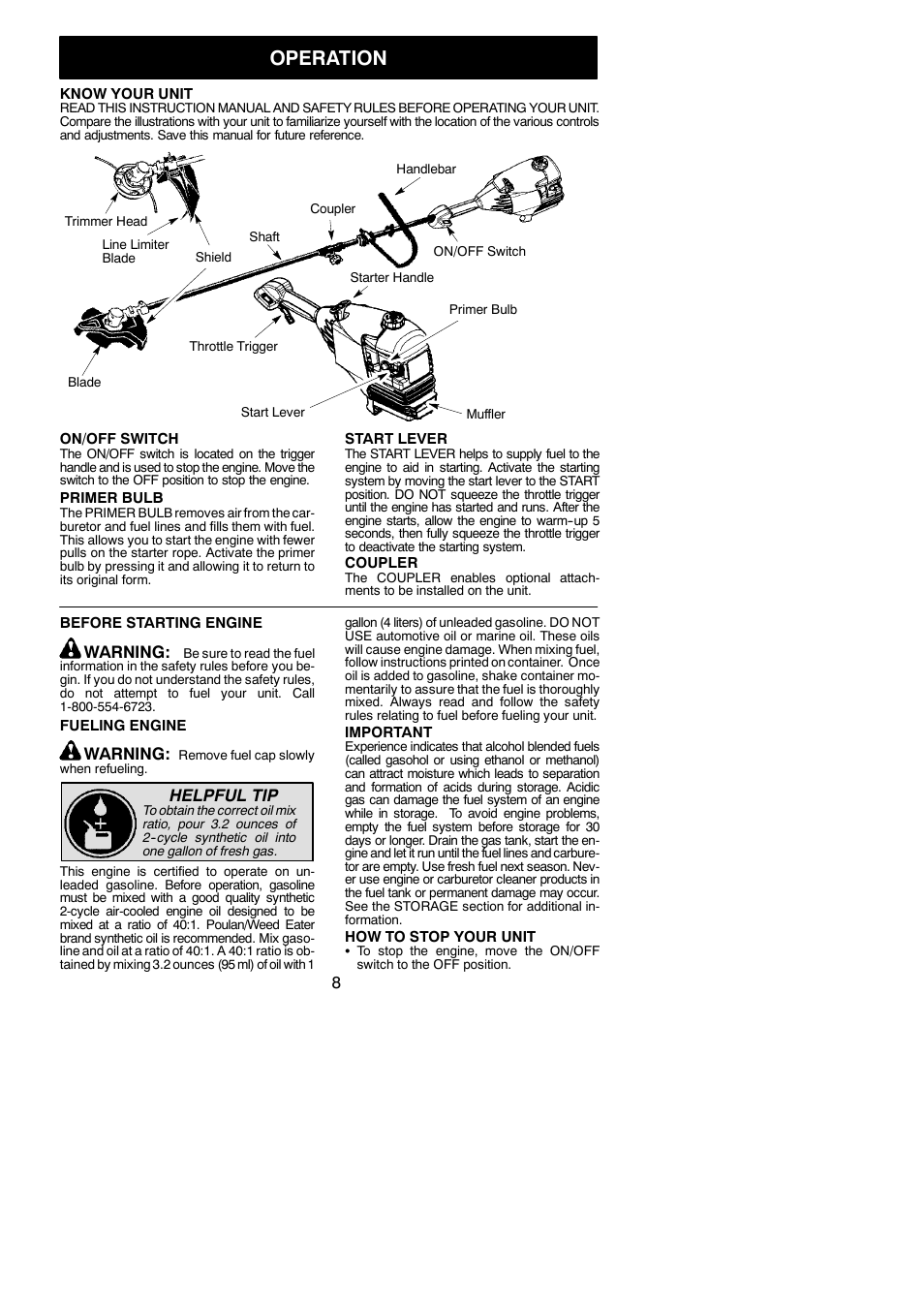 Operation, Warning, Helpful tip | Poulan Pro PPB300E User Manual | Page 8 / 19