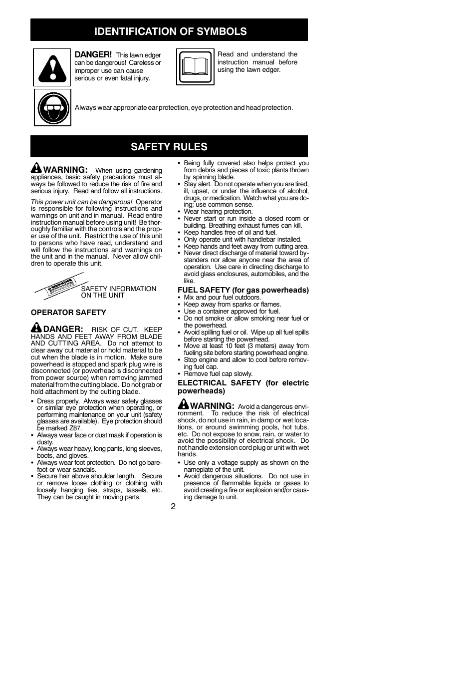 Identification of symbols, Safety rules, Danger | Warning | Poulan 1000E User Manual | Page 2 / 9