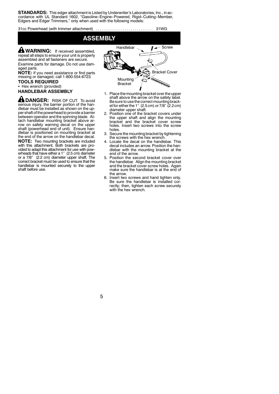 Assembly, Warning, Danger | Poulan 1000E User Manual | Page 5 / 9