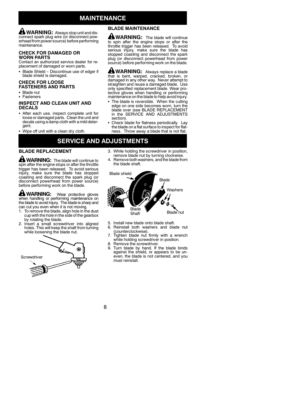 Maintenance, Service and adjustments | Poulan 1000E User Manual | Page 8 / 9