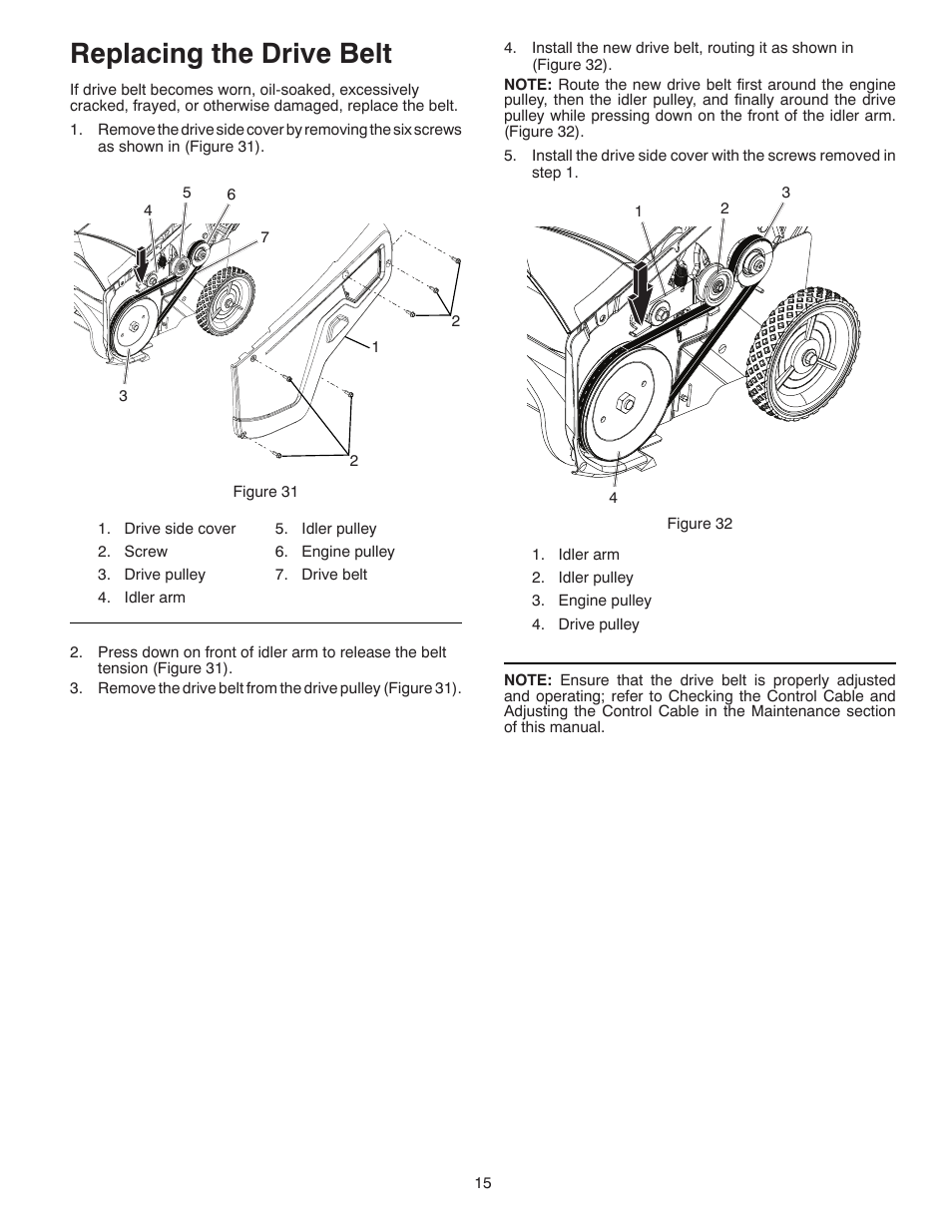 Replacing the drive belt | Poulan Pro PR621ES SNOW THROWER User Manual | Page 15 / 28