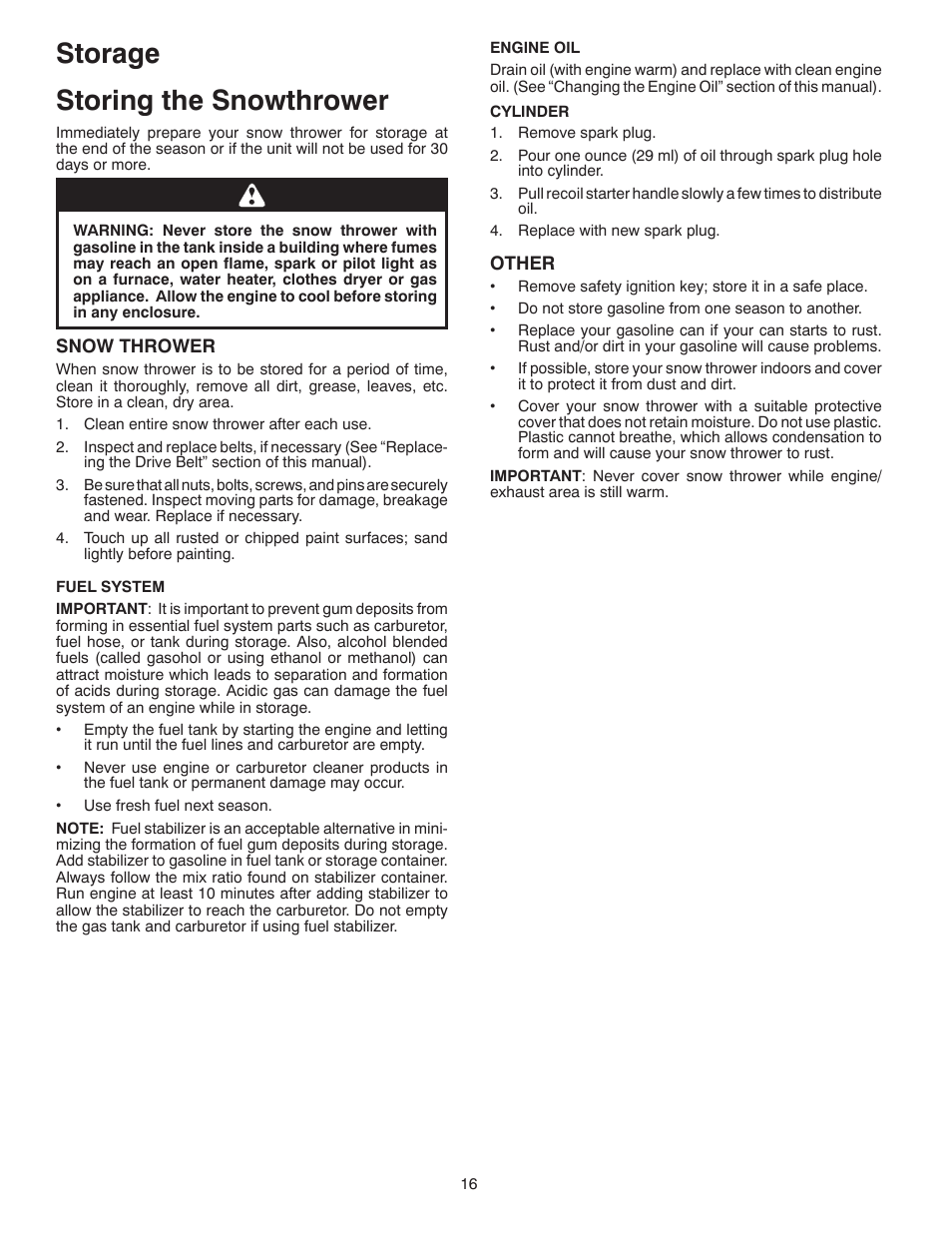 Storage, Storage storing the snowthrower | Poulan Pro PR621ES SNOW THROWER User Manual | Page 16 / 28