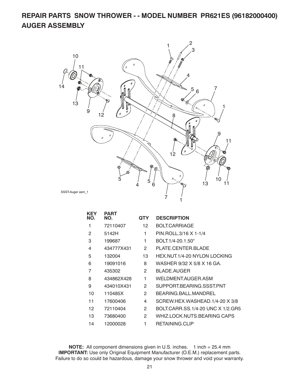 Auger assembly | Poulan Pro PR621ES SNOW THROWER User Manual | Page 21 / 28