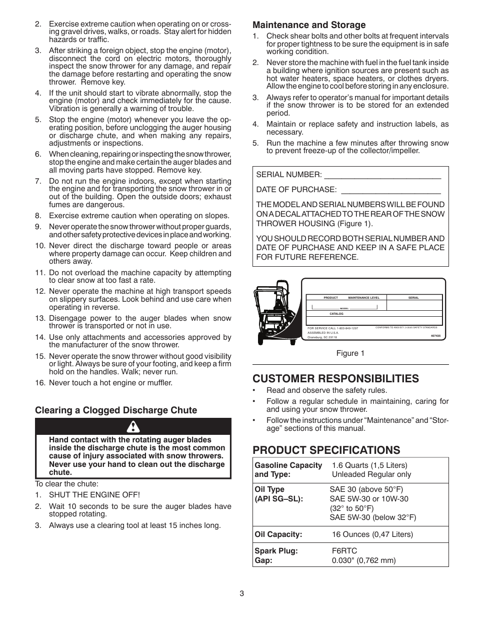 Product specifications, Customer responsibilities, Clearing a clogged discharge chute | Maintenance and storage | Poulan Pro PR621ES SNOW THROWER User Manual | Page 3 / 28