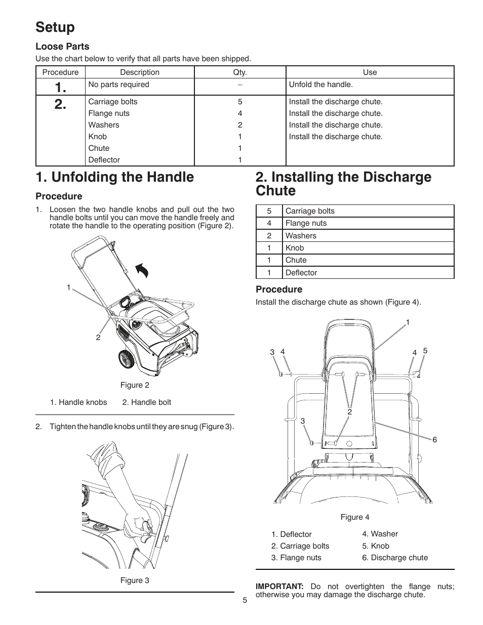 Setup, Unfolding the handle, Installing the discharge chute | Poulan Pro PR621ES SNOW THROWER User Manual | Page 5 / 28