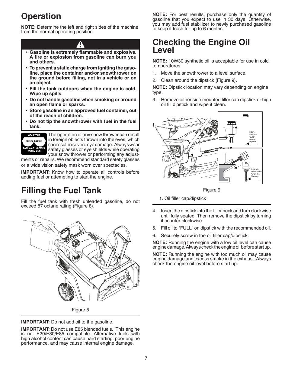 Operation, Filling the fuel tank, Checking the engine oil level | Poulan Pro PR621ES SNOW THROWER User Manual | Page 7 / 28