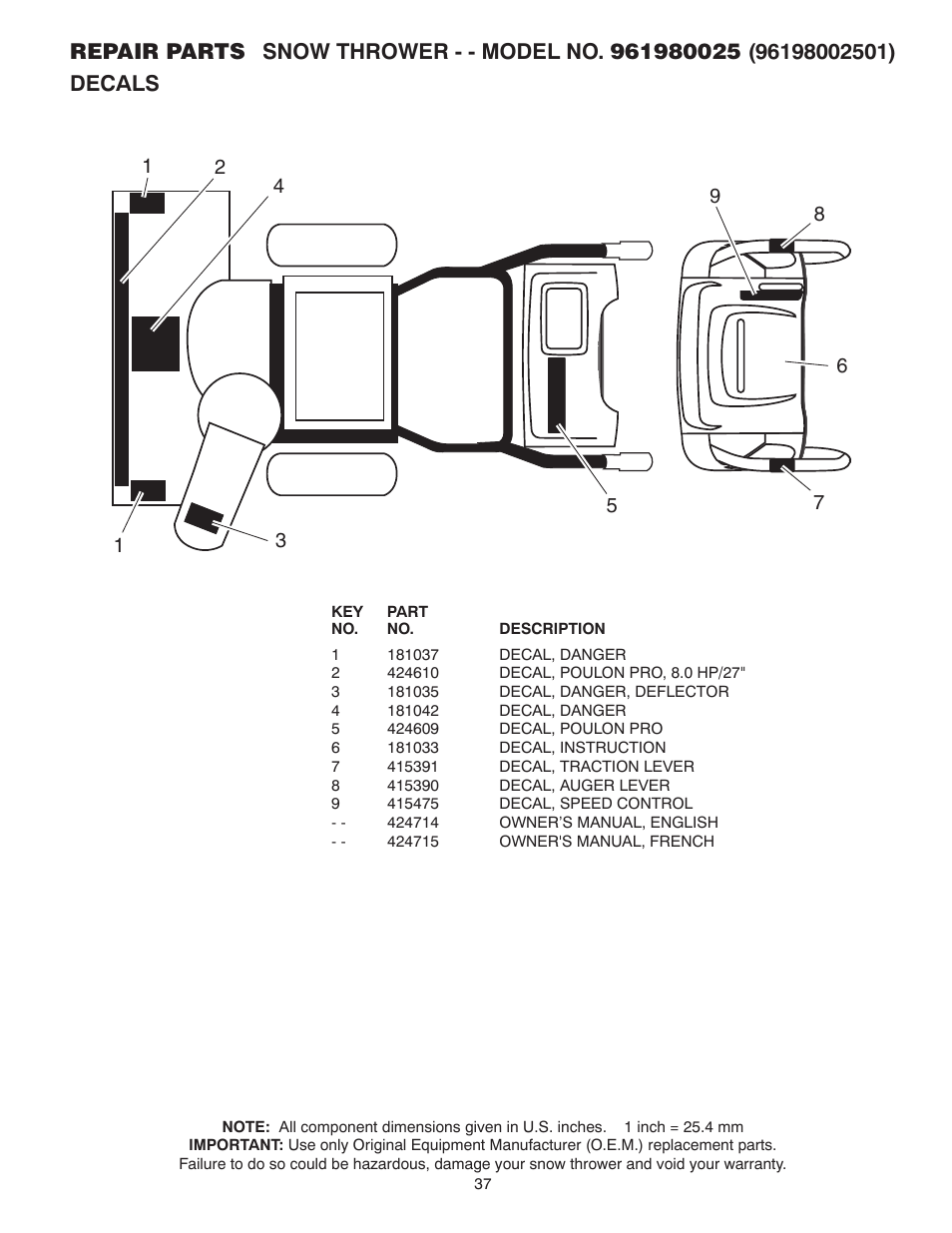 Poulan 961980025 User Manual | Page 37 / 40