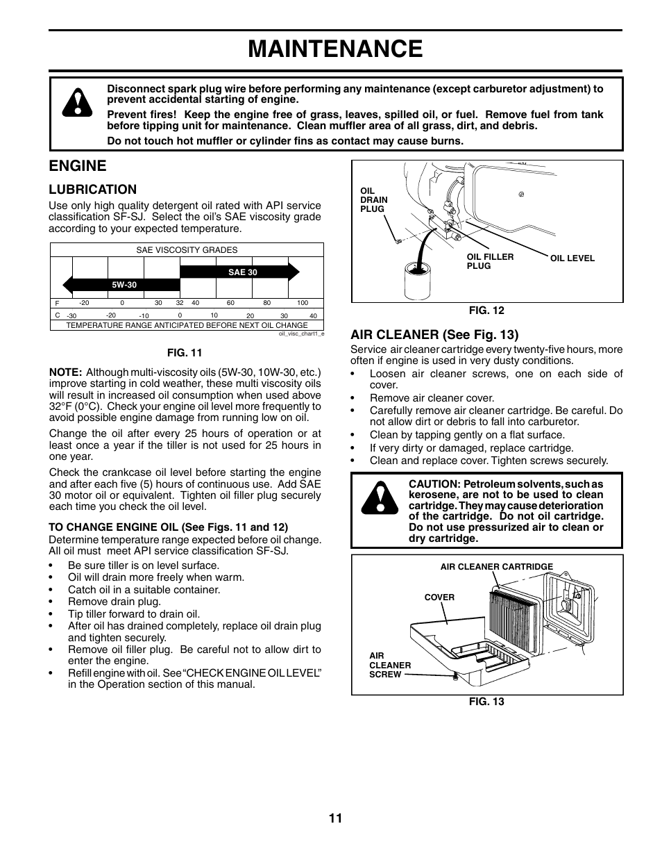Maintenance, Engine, Lubrication | Air cleaner (see fig. 13) | Poulan 184860 User Manual | Page 11 / 24