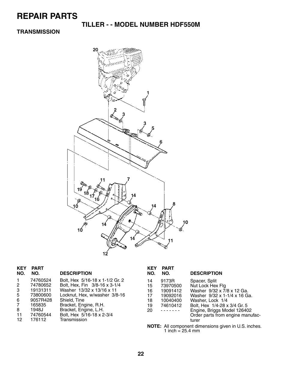 Repair parts, Tiller - - model number hdf550m | Poulan 184860 User Manual | Page 22 / 24