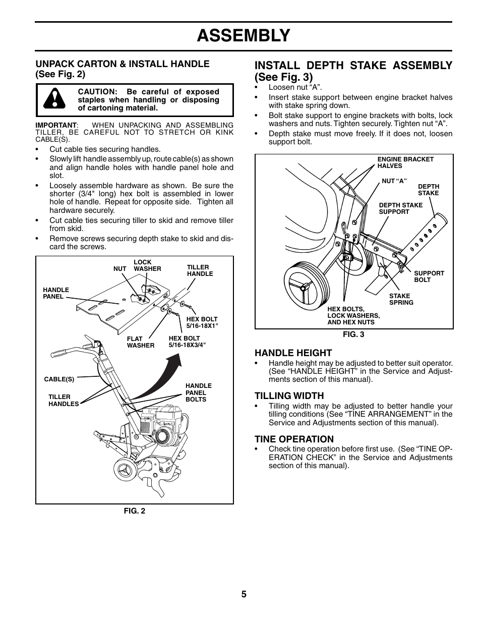 Assembly, Install depth stake as sem bly (see fig. 3) | Poulan 184860 User Manual | Page 5 / 24