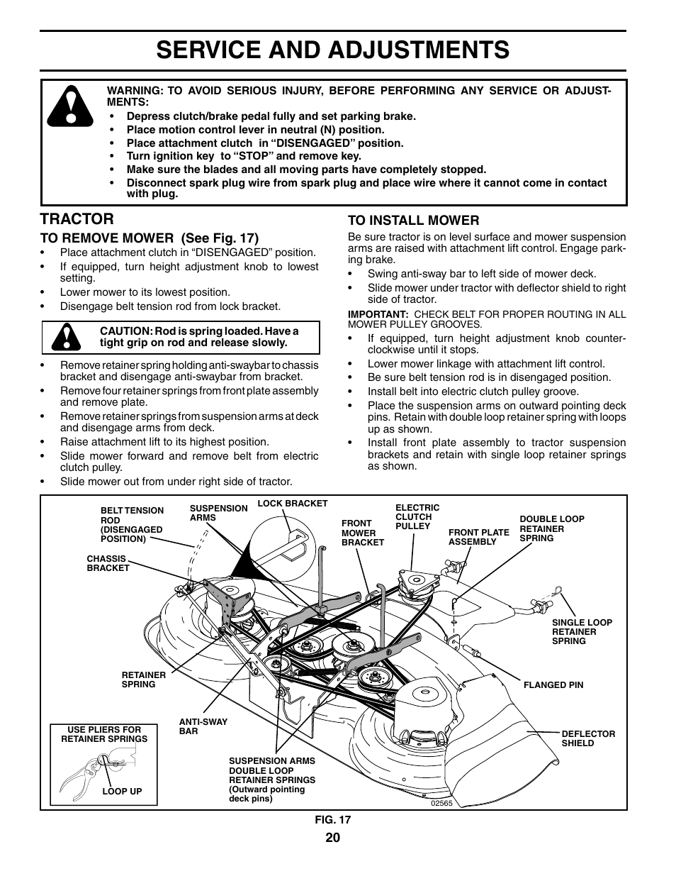 Service and adjustments, Tractor | Poulan XT24H48YT User Manual | Page 20 / 32