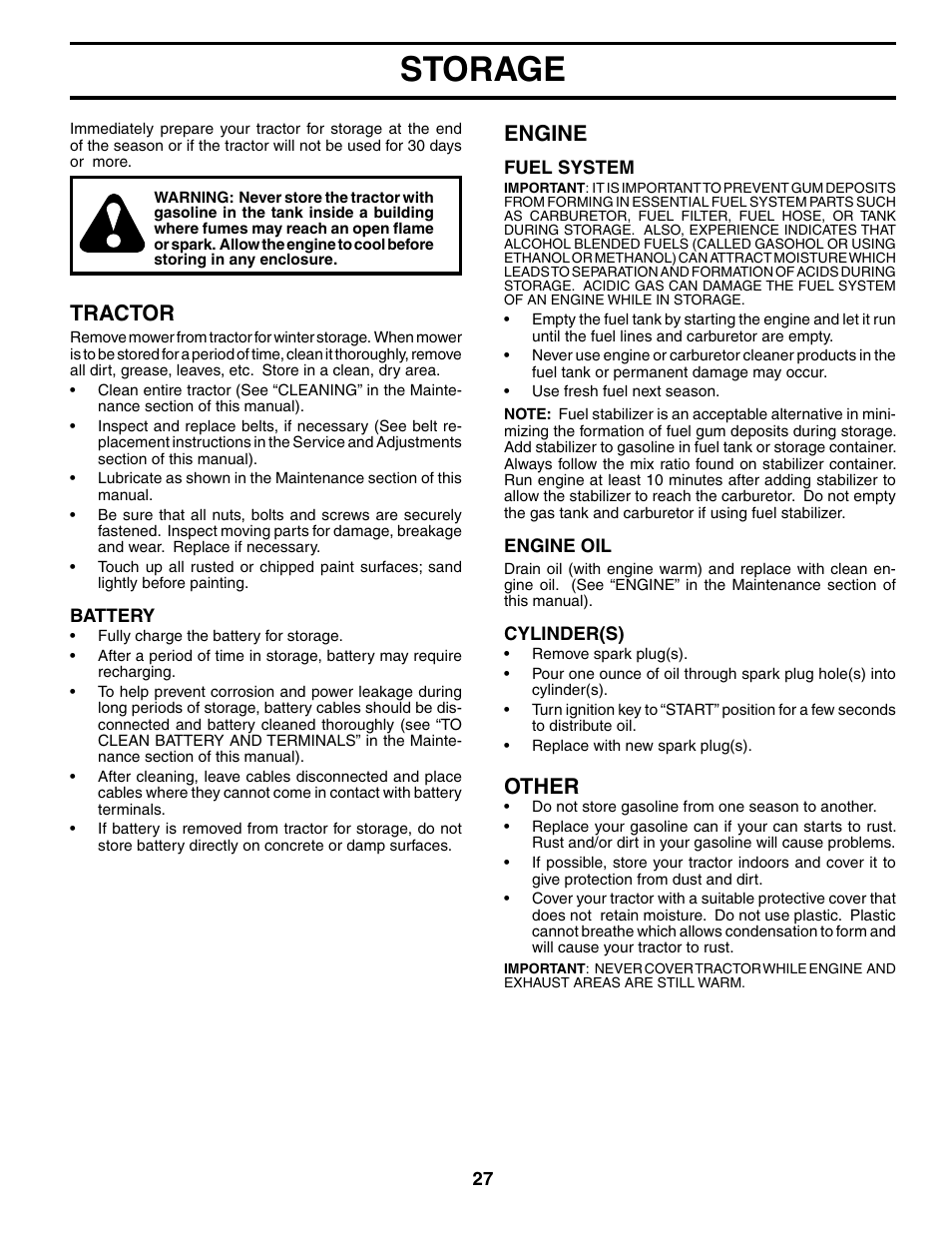 Storage, Tractor, Engine | Other | Poulan XT24H48YT User Manual | Page 27 / 32