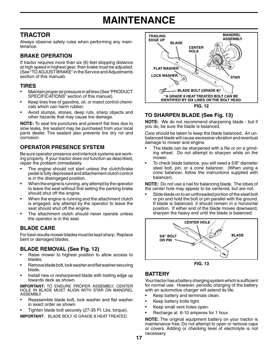 Maintenance, Tractor | Poulan 187080 User Manual | Page 17 / 48