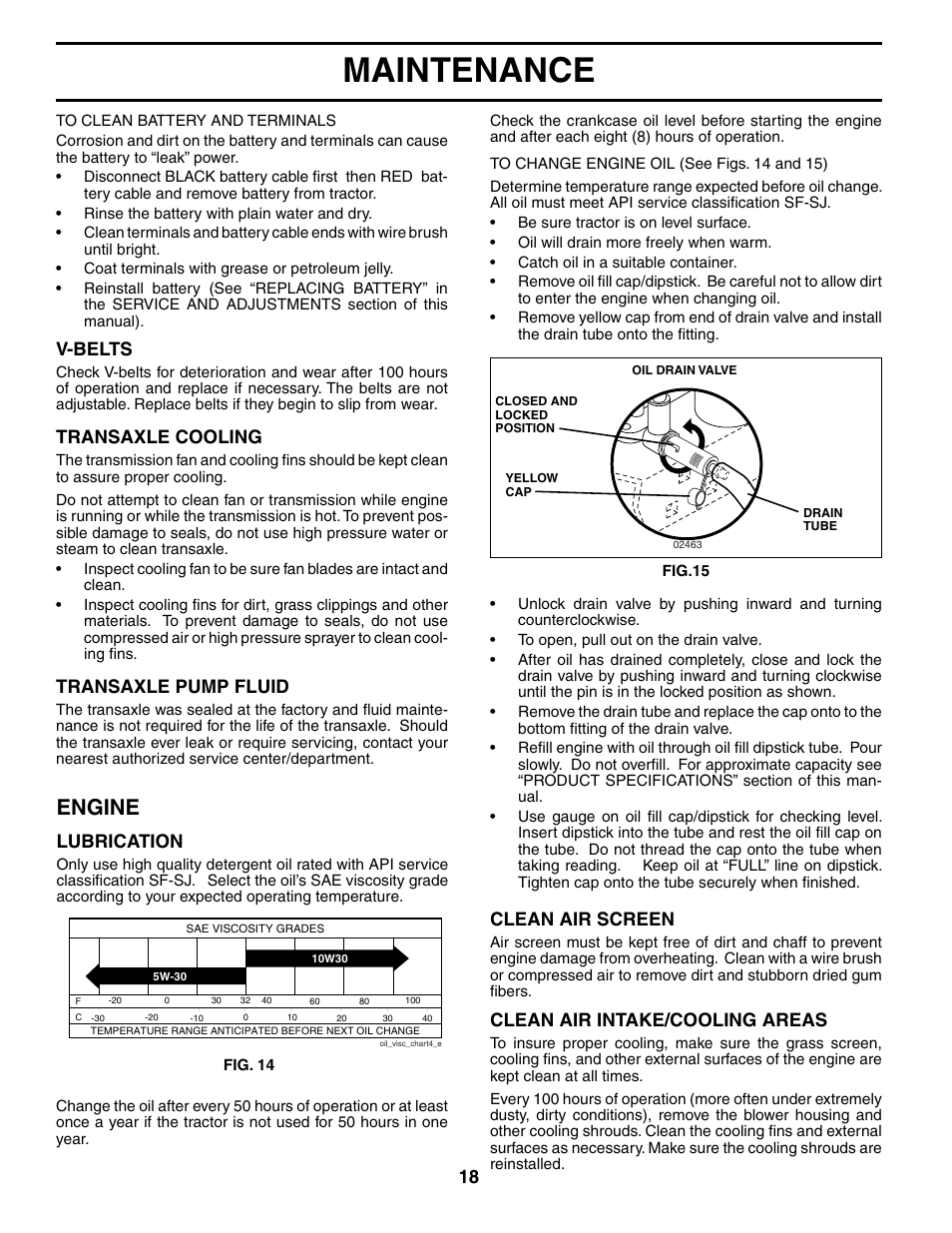 Maintenance, Engine, Clean air intake/cooling areas | Clean air screen, V-belts, Transaxle cooling, Transaxle pump fluid, Lubrication | Poulan 187080 User Manual | Page 18 / 48