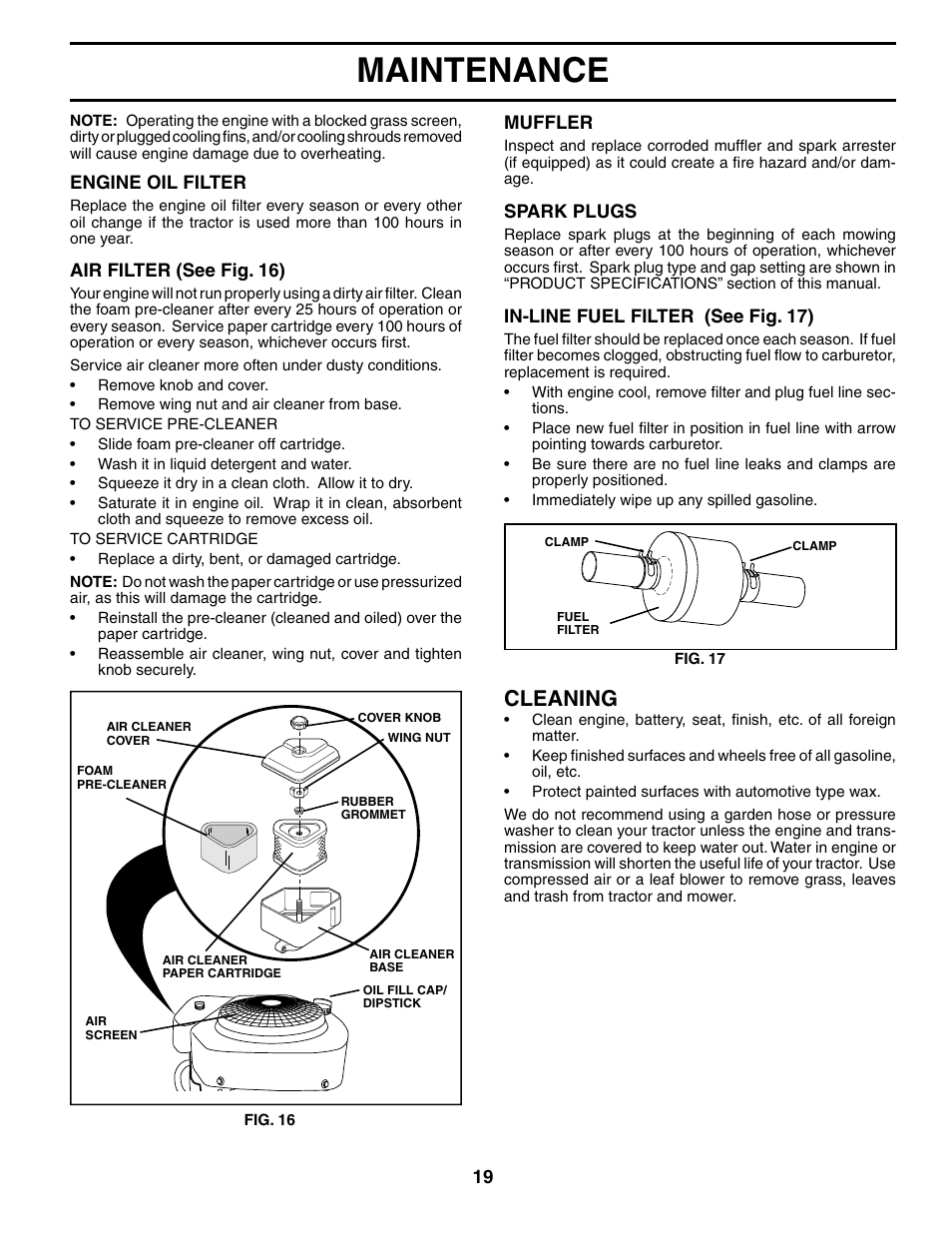 Maintenance, Cleaning | Poulan 187080 User Manual | Page 19 / 48