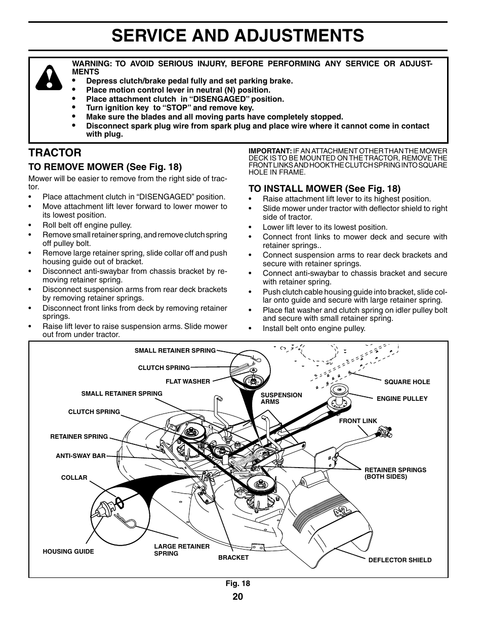 Service and adjustments, Tractor | Poulan 187080 User Manual | Page 20 / 48