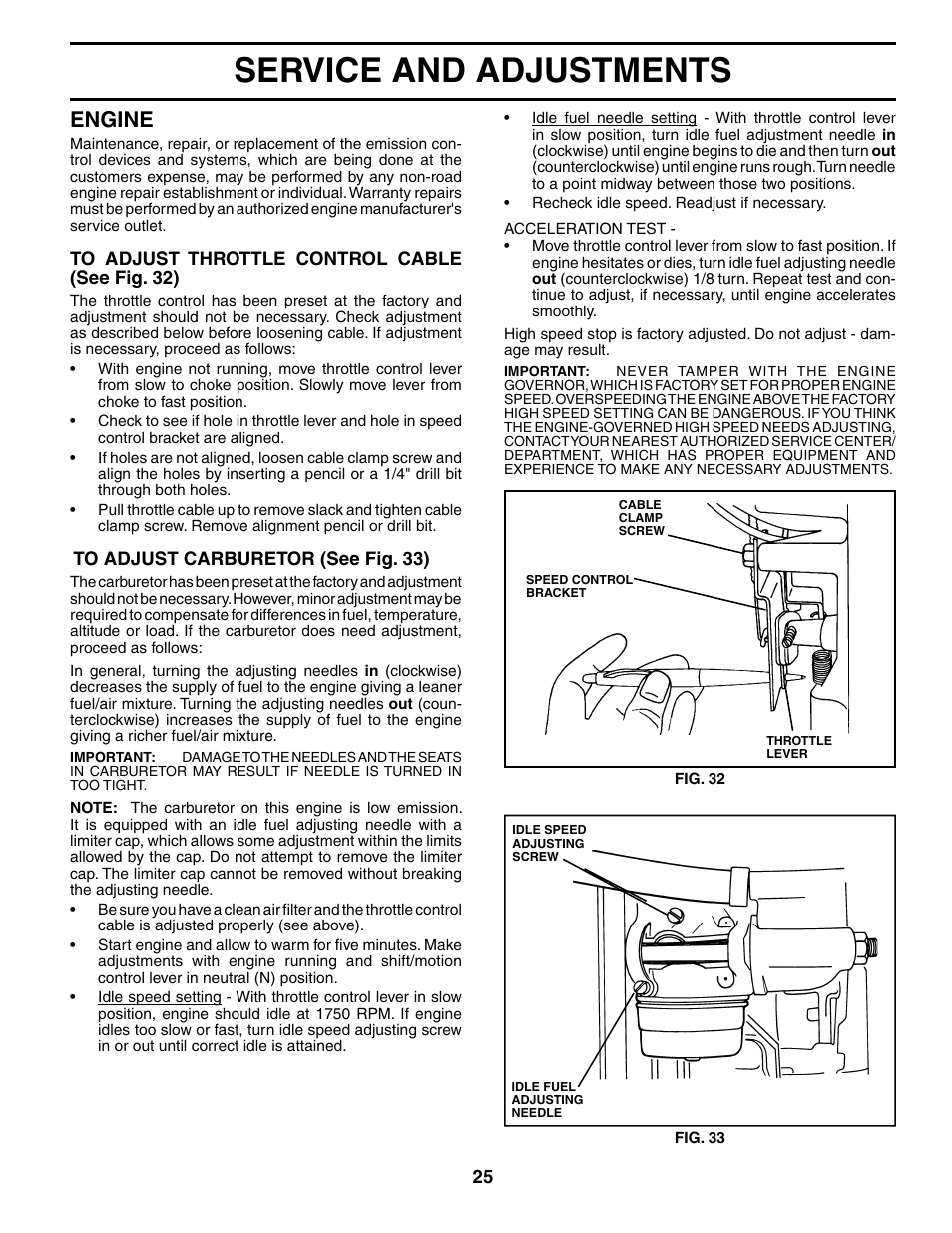 Service and adjustments, Engine | Poulan 187080 User Manual | Page 25 / 48