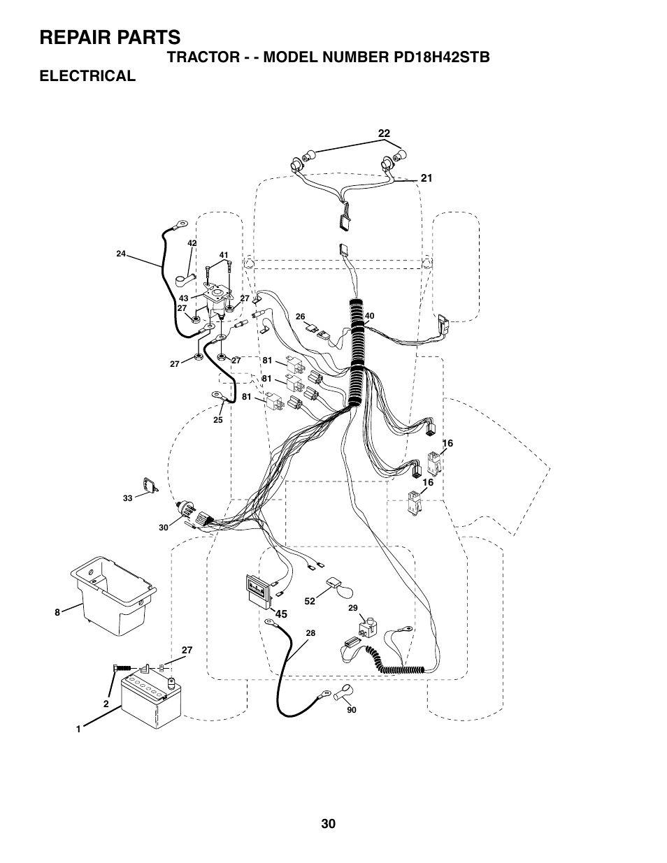 Repair parts, Tractor - - model number pd18h42stb electrical | Poulan 187080 User Manual | Page 30 / 48