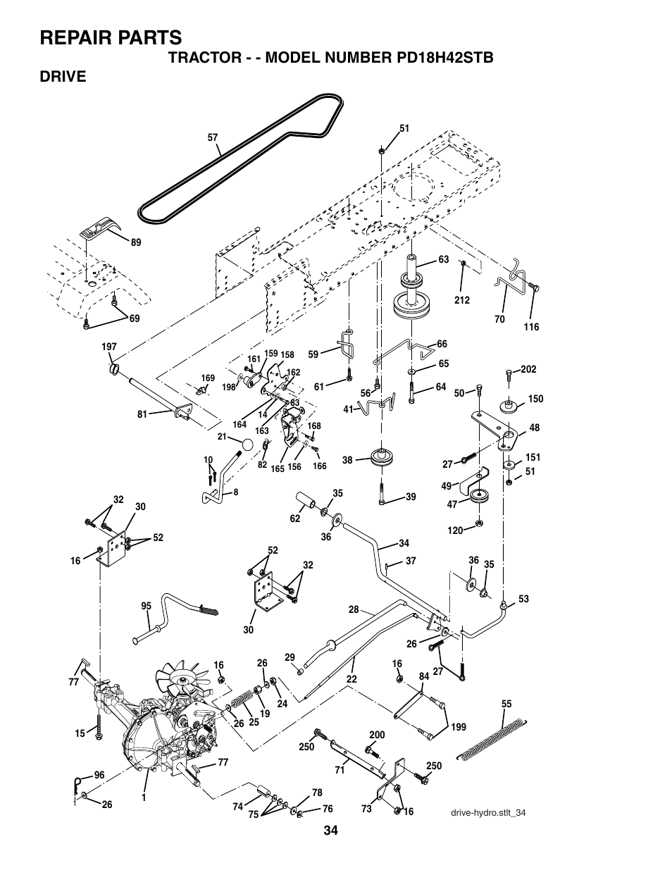 Repair parts, Tractor - - model number pd18h42stb drive | Poulan 187080 User Manual | Page 34 / 48