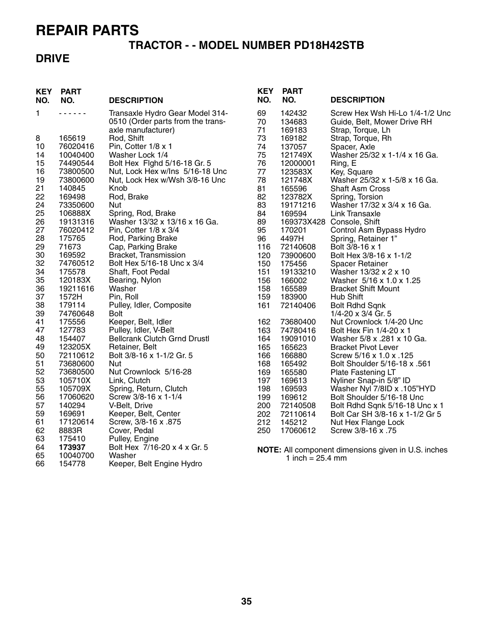 Repair parts, Tractor - - model number pd18h42stb drive | Poulan 187080 User Manual | Page 35 / 48