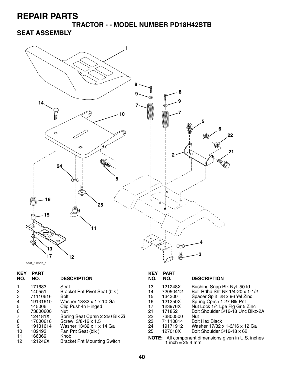 Repair parts, Tractor - - model number pd18h42stb seat assembly | Poulan 187080 User Manual | Page 40 / 48