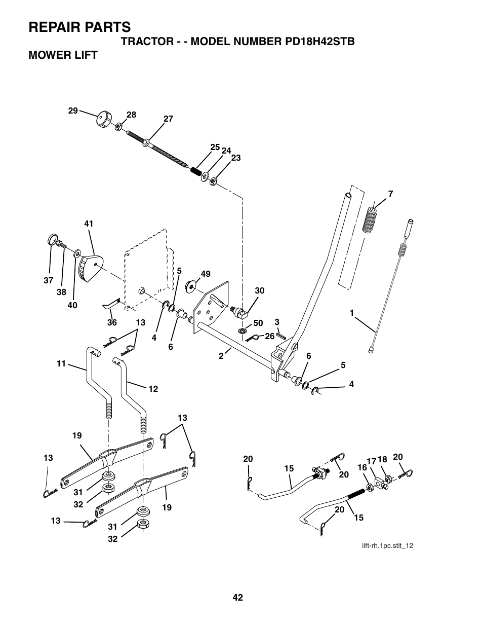 Repair parts, Tractor - - model number pd18h42stb mower lift | Poulan 187080 User Manual | Page 42 / 48