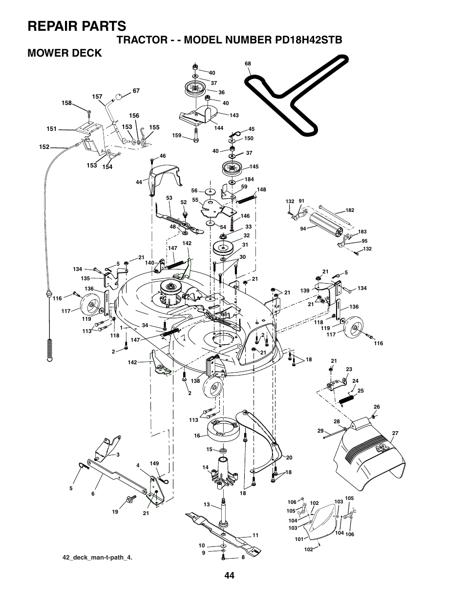 Repair parts, Tractor - - model number pd18h42stb mower deck | Poulan 187080 User Manual | Page 44 / 48