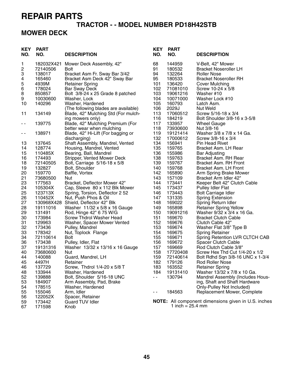 Repair parts, Tractor - - model number pd18h42stb mower deck | Poulan 187080 User Manual | Page 45 / 48