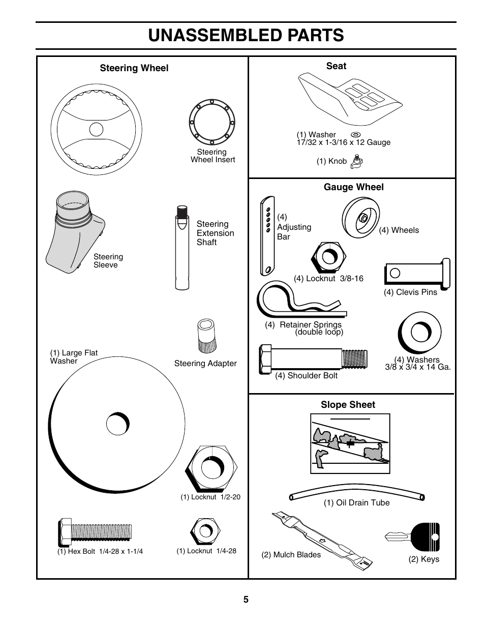 Unassembled parts | Poulan 187080 User Manual | Page 5 / 48