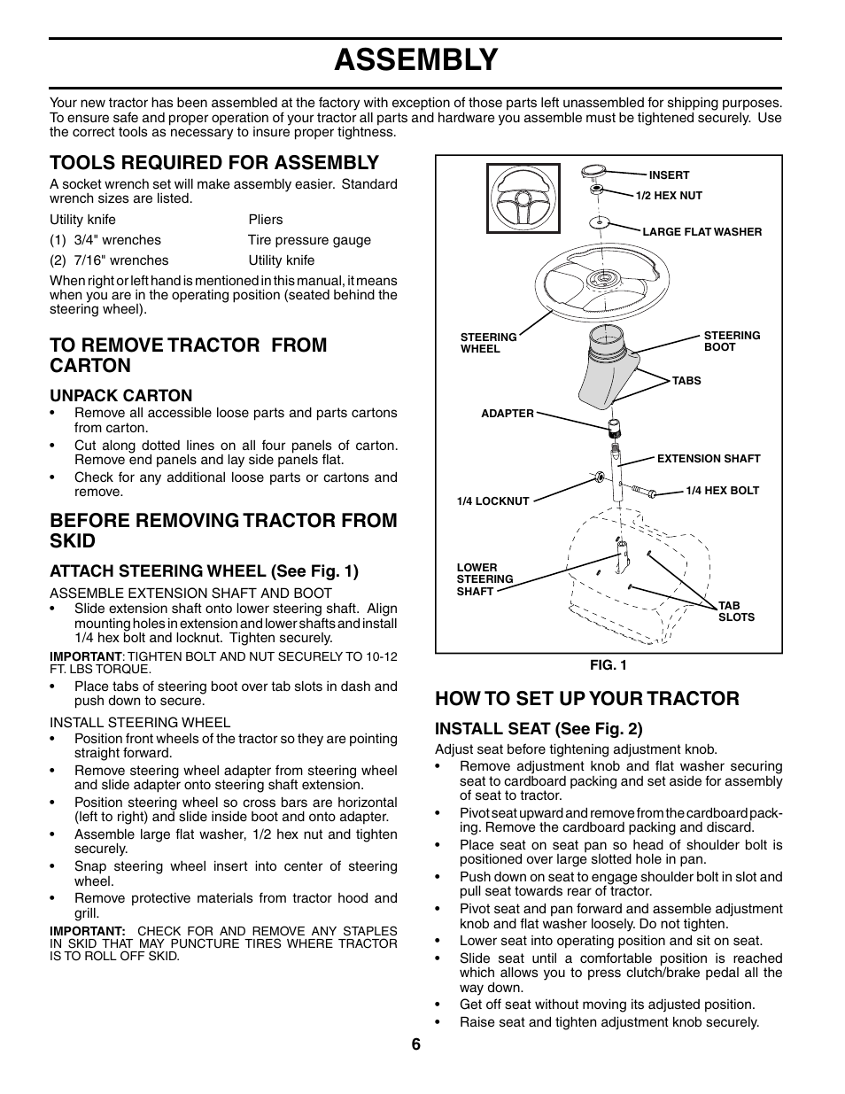 Assembly, How to set up your tractor, Tools required for assembly | Before removing tractor from skid | Poulan 187080 User Manual | Page 6 / 48