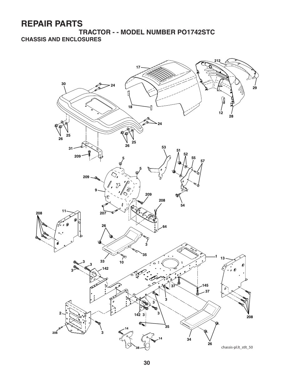 Repair parts, Tractor - - model number po1742stc, Chassis and enclosures | Poulan 187596 User Manual | Page 30 / 44