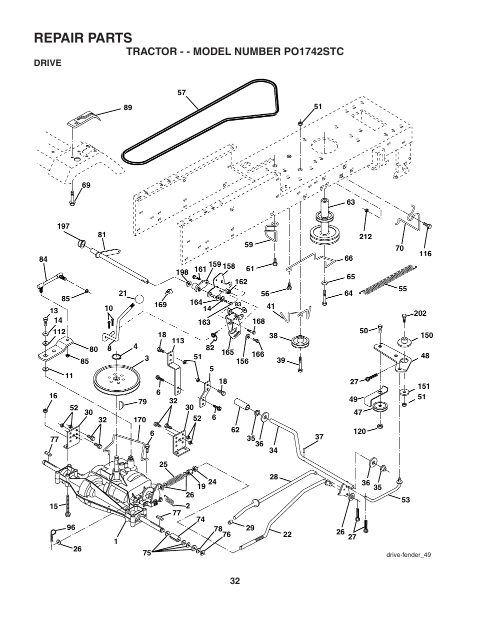 Repair parts, Tractor - - model number po1742stc | Poulan 187596 User Manual | Page 32 / 44