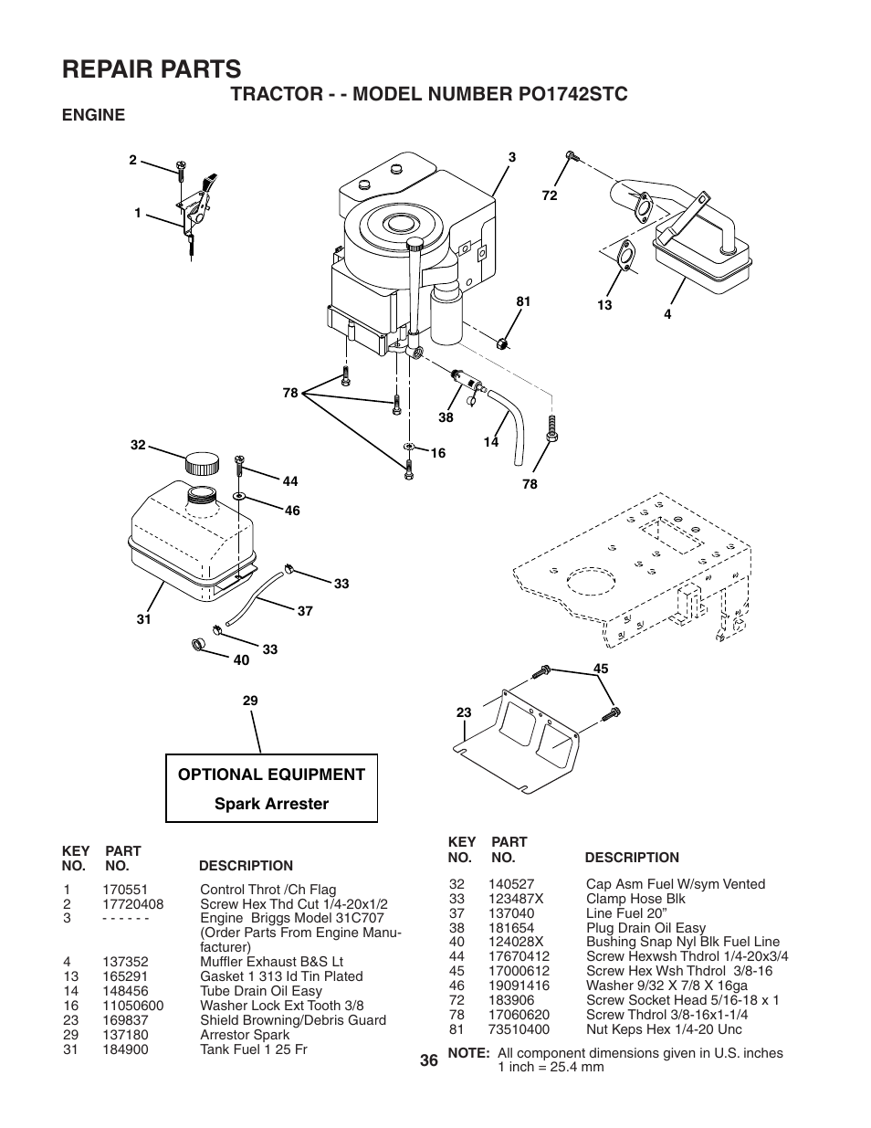 Repair parts, Tractor - - model number po1742stc | Poulan 187596 User Manual | Page 36 / 44