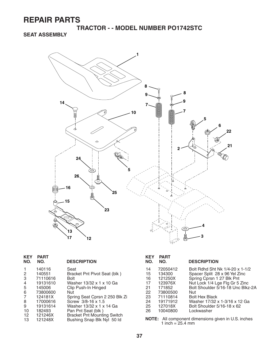 Repair parts, Tractor - - model number po1742stc | Poulan 187596 User Manual | Page 37 / 44