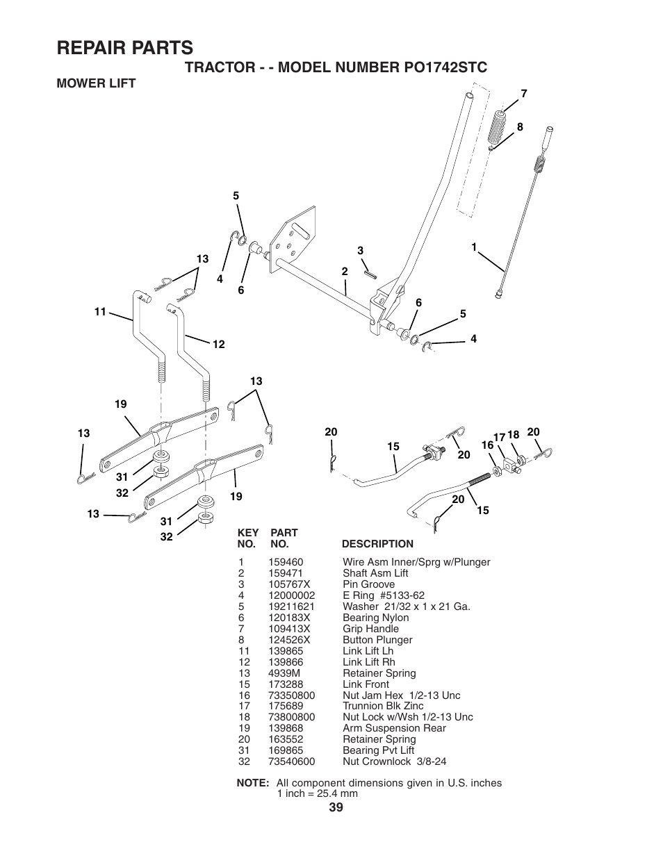 Repair parts, Tractor - - model number po1742stc | Poulan 187596 User Manual | Page 39 / 44