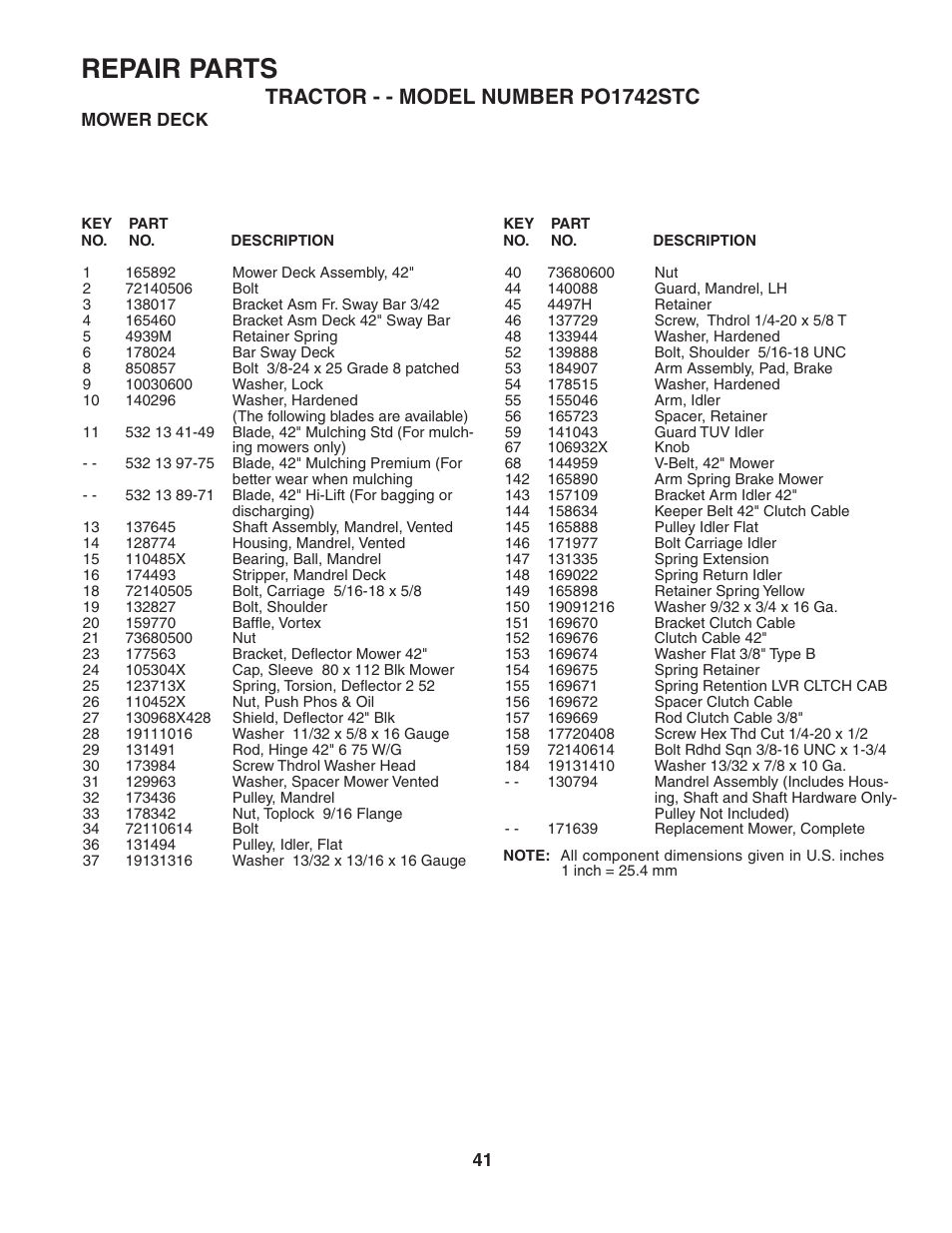 Repair parts, Tractor - - model number po1742stc | Poulan 187596 User Manual | Page 41 / 44