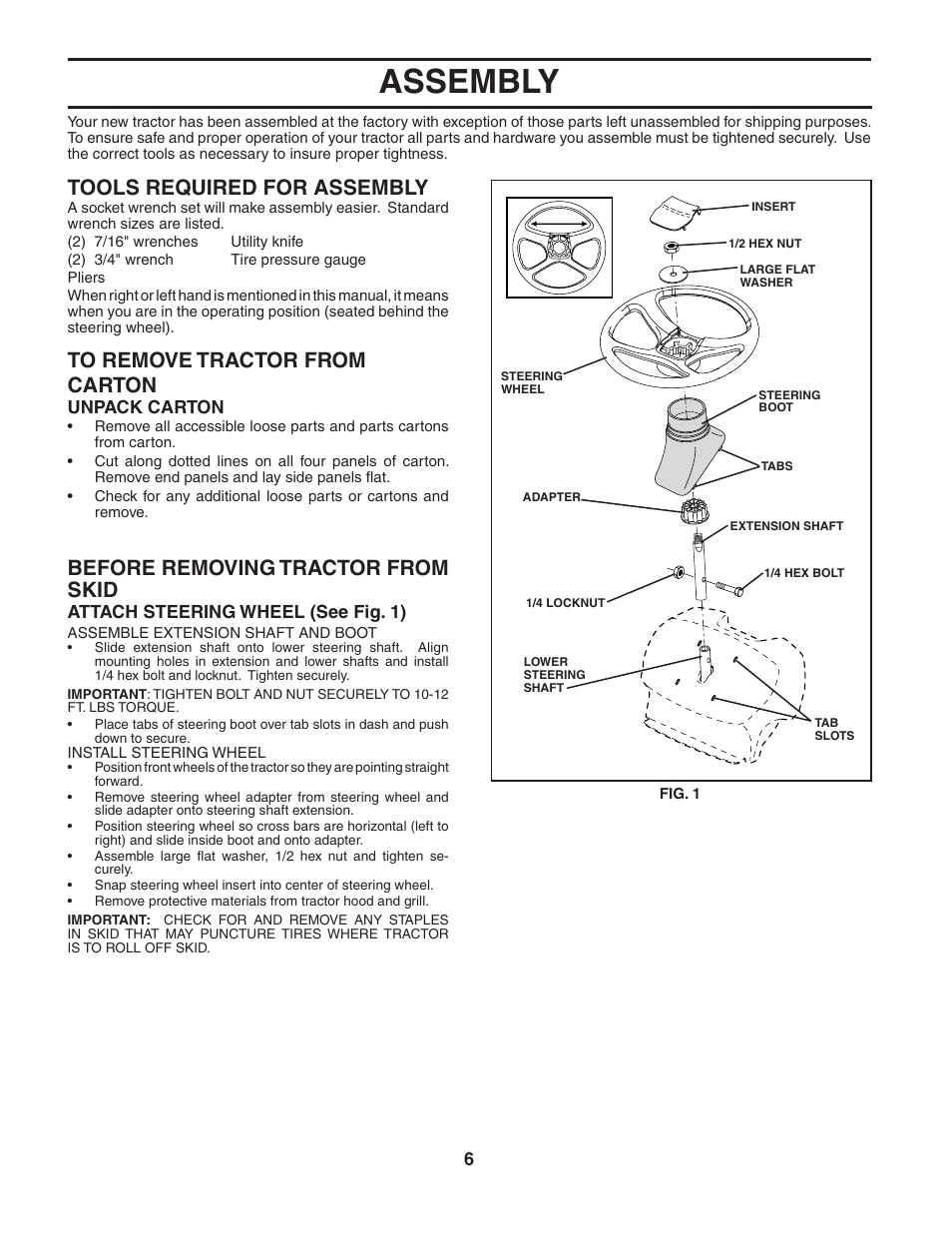 Assembly, Tools required for assembly, Before removing tractor from skid | Unpack carton, Attach steering wheel (see fig. 1) | Poulan 187596 User Manual | Page 6 / 44
