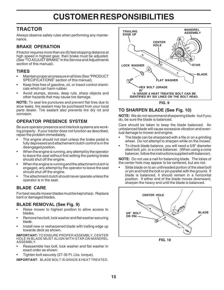 Customer responsibilities, Tractor | Poulan 183188 User Manual | Page 15 / 48