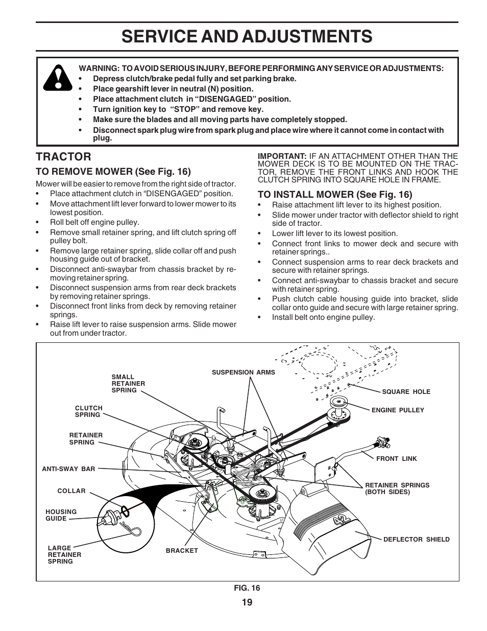 Service and adjustments, Tractor | Poulan 183188 User Manual | Page 19 / 48