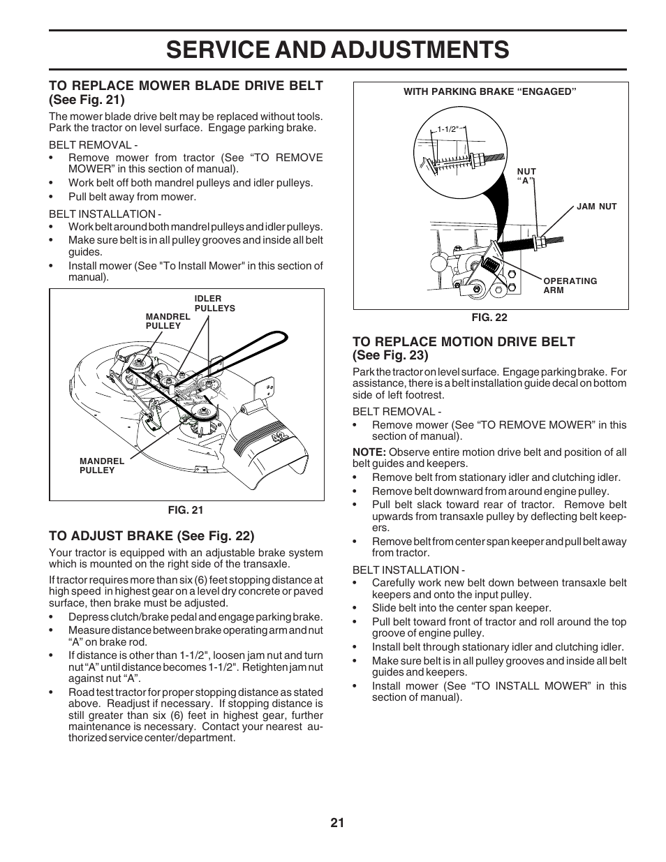 Service and adjustments | Poulan 183188 User Manual | Page 21 / 48