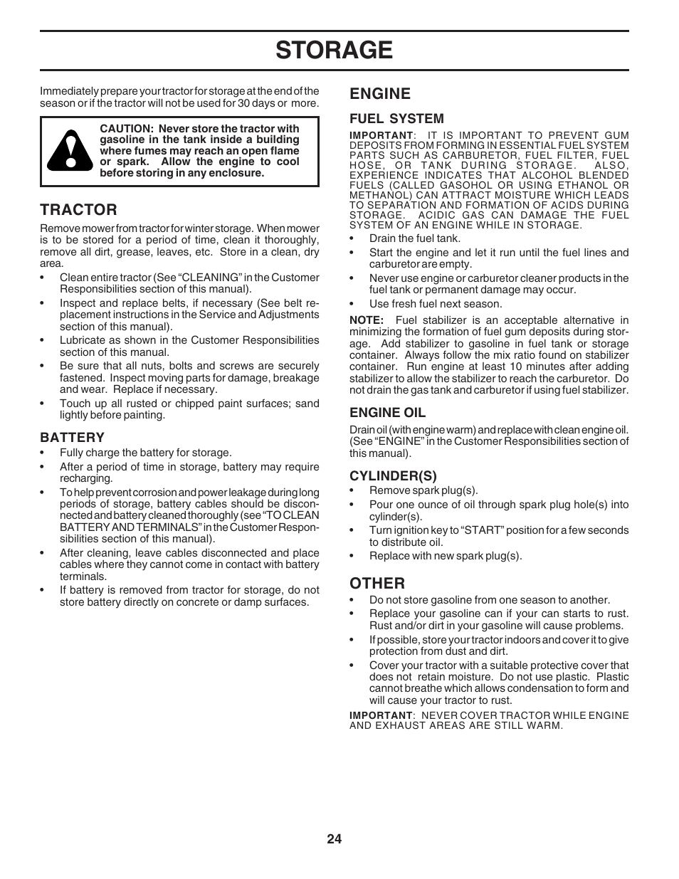 Storage, Tractor, Engine | Other | Poulan 183188 User Manual | Page 24 / 48