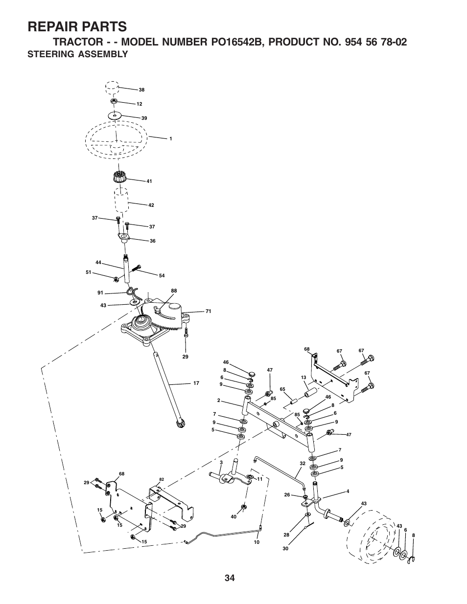 Repair parts, Steering assembly | Poulan 183188 User Manual | Page 34 / 48