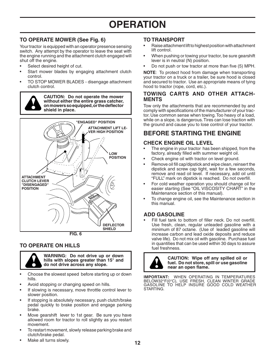 Operation, Before starting the engine | Poulan 183981 User Manual | Page 12 / 48