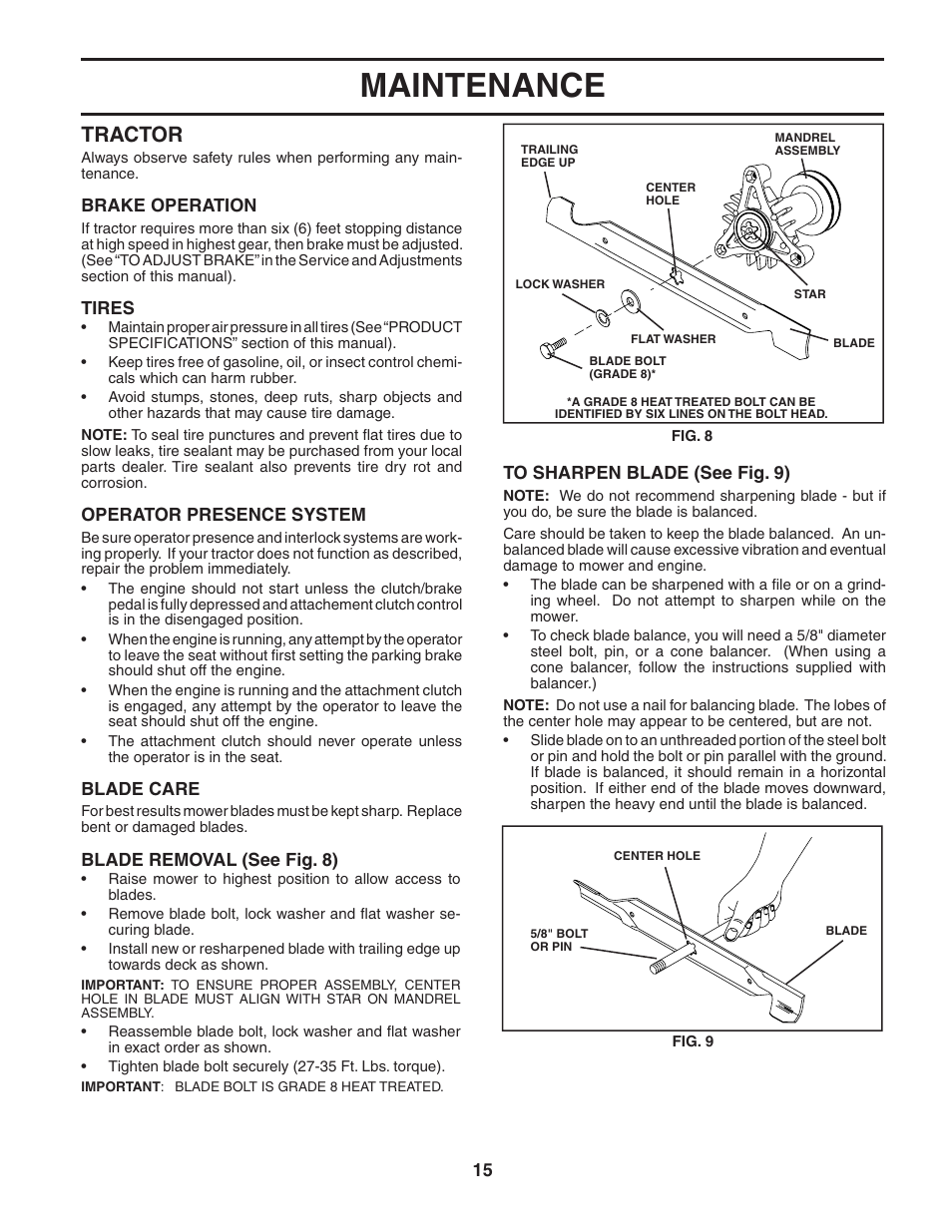 Maintenance, Tractor | Poulan 183981 User Manual | Page 15 / 48