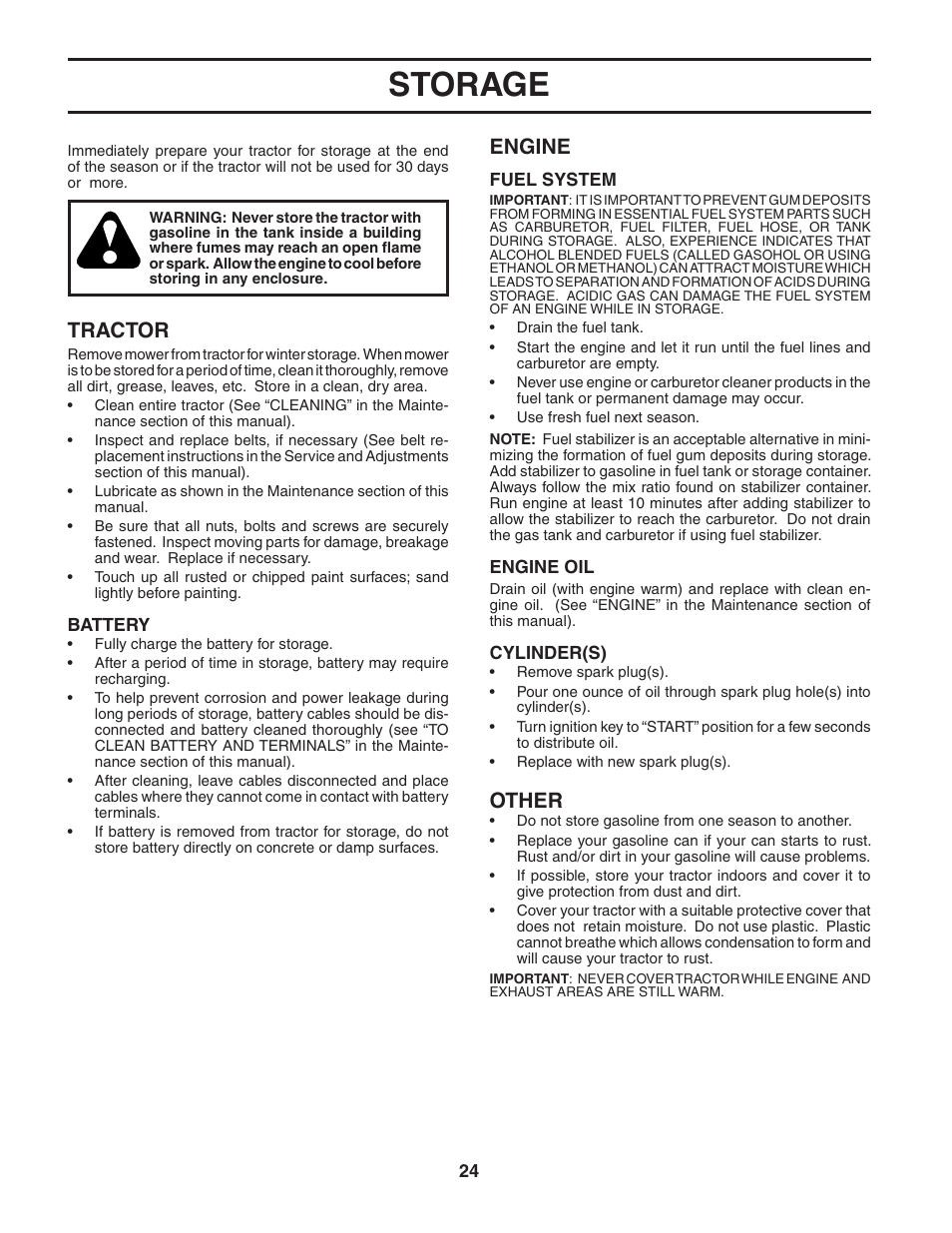 Storage, Tractor, Engine | Other | Poulan 183981 User Manual | Page 24 / 48